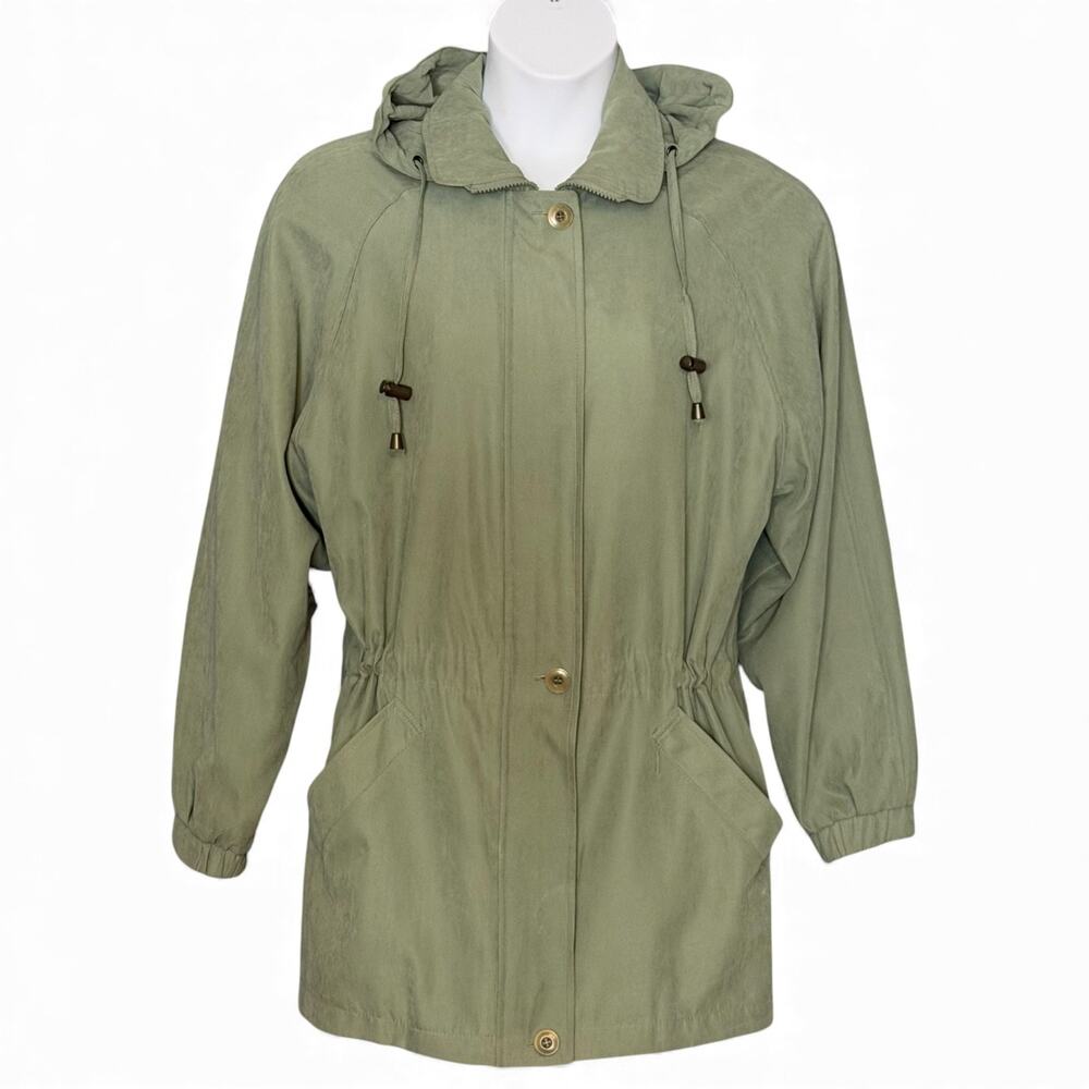 London Fog Sage Microsuede Hooded Parka Jacket Size L Lightweight Zip Front Y2K